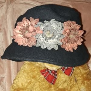 Black bucket style hat with flowers
